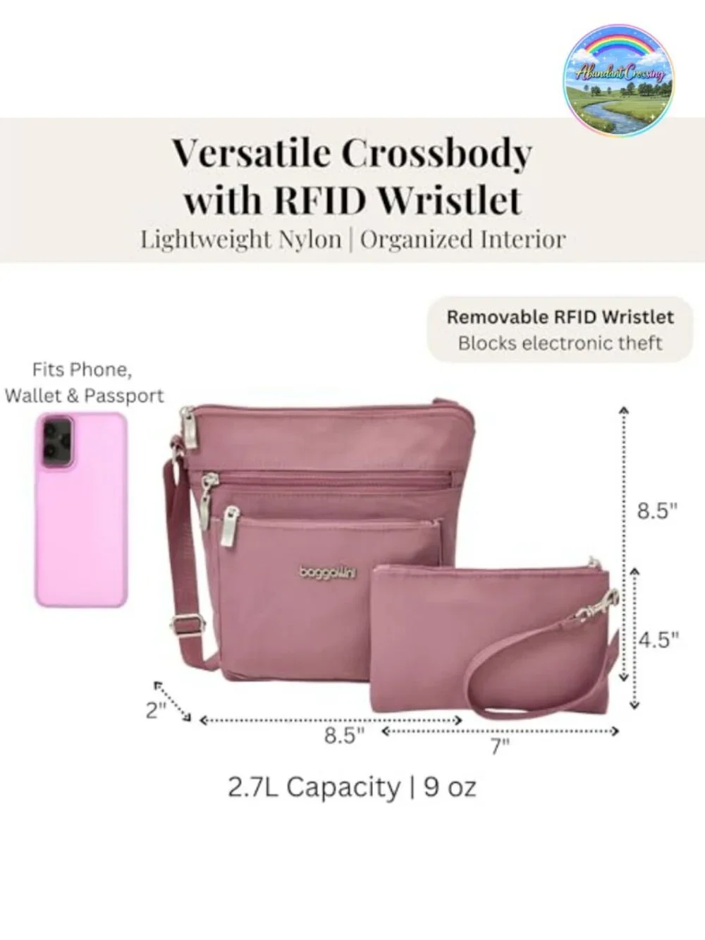 Water-Resistant Lightweight Crossbody Bag with RFID Wristlet